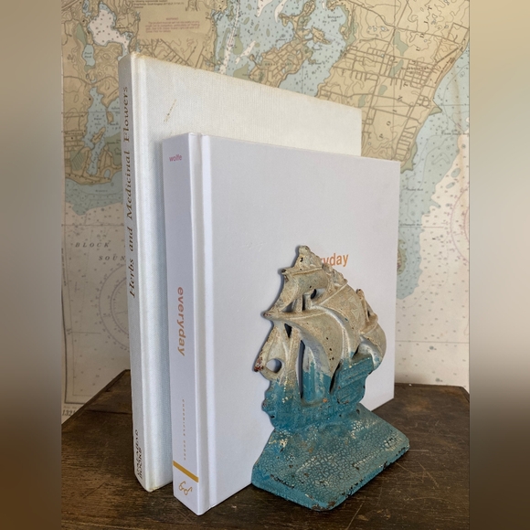 Vintage Cast Iron Bookends Nautical Sailing Pirate Ship Beach Coastal Turquoise - Picture 2 of 6